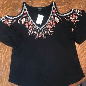 Lucky Brand Cold Shoulder Embroidered Top